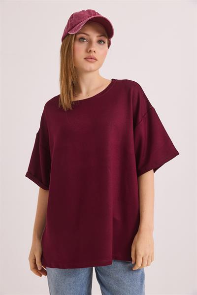 Oversize Yumuşak Dokulu Salaş T-Shirt Bordo