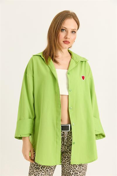 Kalp Nakışlı  Oversize Basic Gömlek Yağ Yeşili