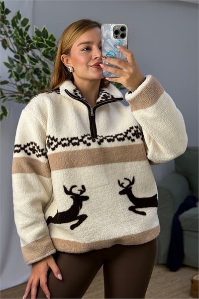Kadın Desenli Dik Yaka Yarım Fermuarlı Polar Swearshirt Kahverengi