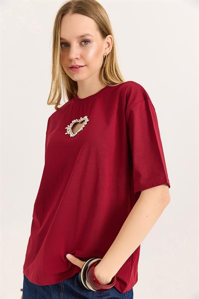 Kalp Detaylı  Oversize Kadın Tshirt Bordo