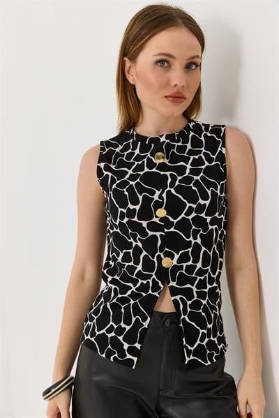 Bisiklet Yaka Gold Düğmeli Ottoman Fitilli Bluz  Siyah