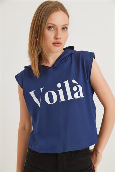 Kapüşonlu Sıfır Kol Baskılı Tshirt Lacivert