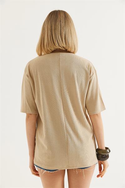 Bisiklet Yaka  Kısa Kol Basic Tshirt Krem