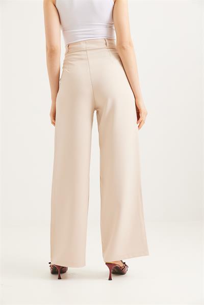 Kancalı Yüksek Bel Salaş Palazzo Pantolon Krem