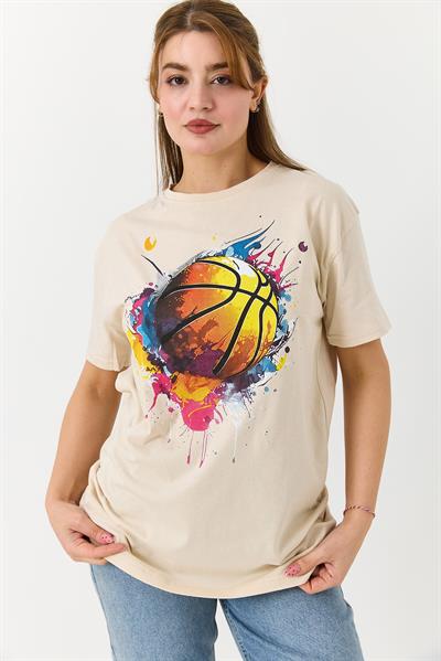 Kadın Basketbol Grafik Baskılı Günlük Tshirt  Krem