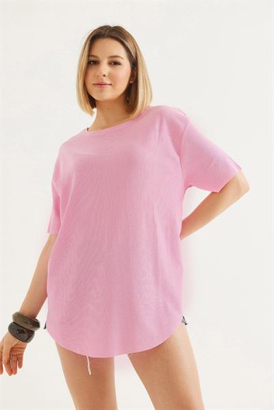 Bisiklet Yaka  Kısa Kol Basic Tshirt Pembe