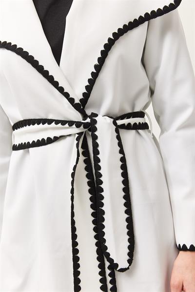 Çoban Dikişli Kuşaklı Hırka Beyaz