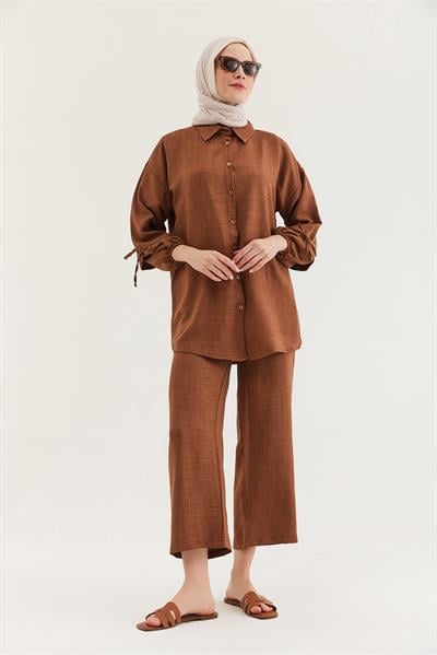Kol Büzgülü Gömlek Pantolon İkili Takım Kahverengi