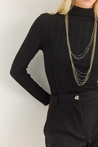 Kadın Balıkçı Yaka Triko Esnek Kazak Siyah