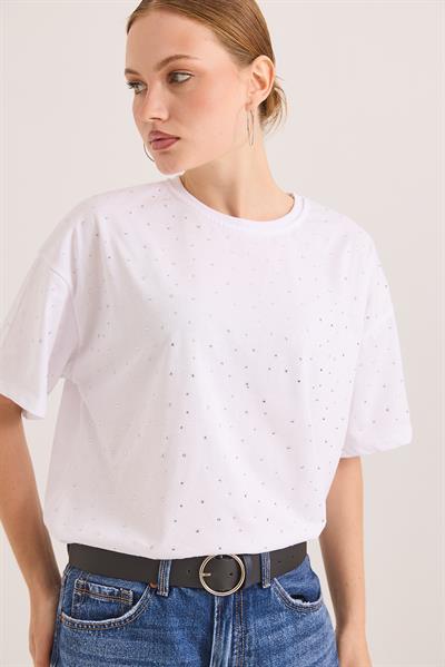 Taş Detaylı Rahat Kalıp Premium Pamuk Tshirt	Beyaz