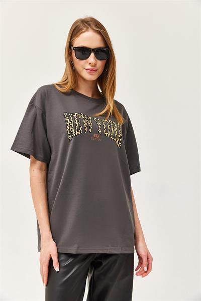 Bisiklet Yaka Oversize Tshirt Füme