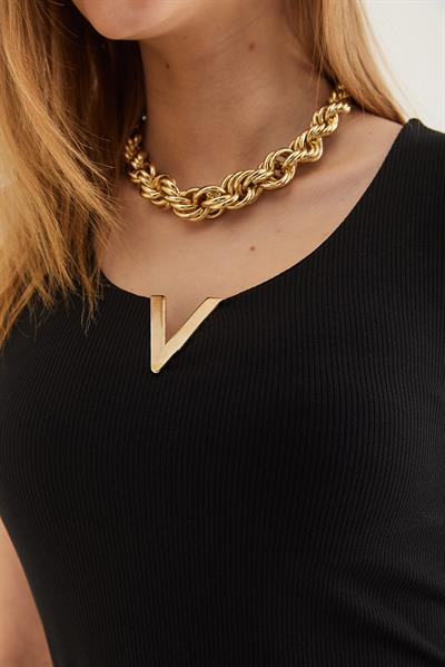 Yaka V Detay Triko Bluz Siyah