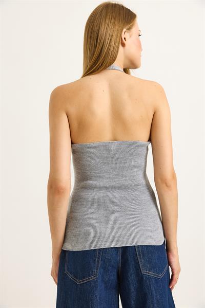 Tek Omuz Boyun Detaylı Triko Bluz Gri