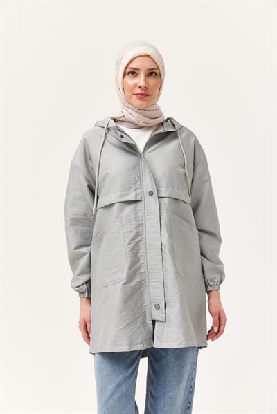 Çıtçıtlı Kapüşonlu Yağmurluk Gri