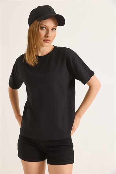 Bisiklet Yaka Kısa Kollu Fit Tshirt Siyah