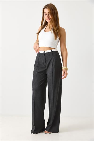 Kadın Yüksek Bel Cepli Bol Paça Pileli Palazzo Kumaş Pantolon Antrasit