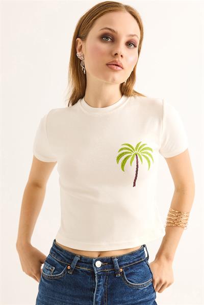 Bisiklet Yaka Kısa Kol Crop Bluz Krem