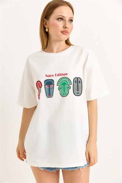 Baskılı Oversize Tshirt Beyaz