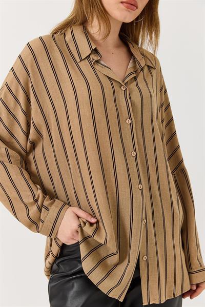 Kadın Oversize Çizgi Desenli Gömlek Vizon 
