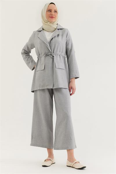 Bel Bağlamalı Ceketli Keten Takım Gri