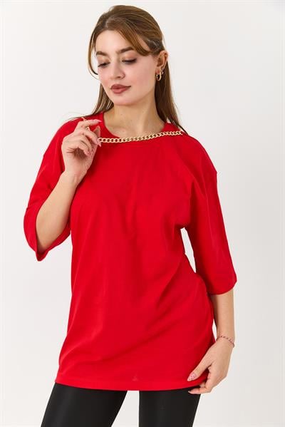 Kadın Yakası Gold Zincirli Bisiklet Yaka Tshirt Kırmızı