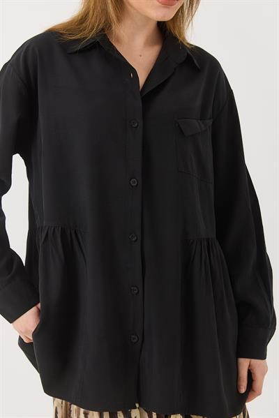 Siyah Oversize Eteği Fırfırlı  Düğmeli Yumuşak Dokulu Tunik Gömlek