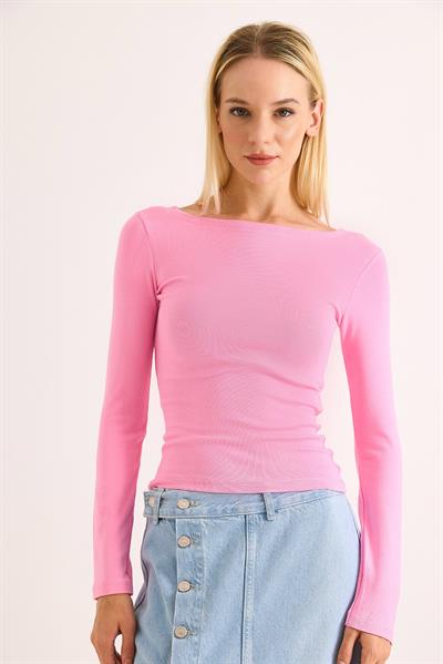 Geniş Yaka Rahat Uzun Kollu Bluz Pembe