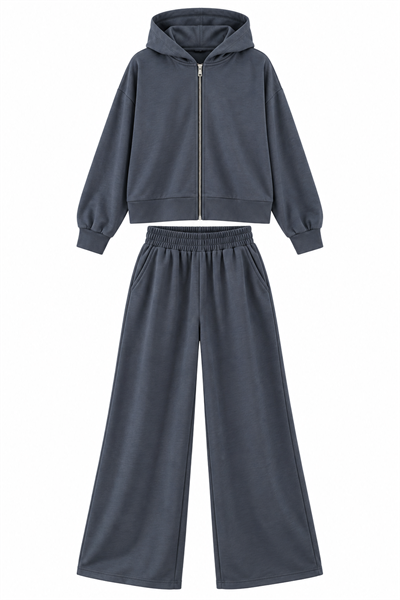 Kadın Oversize Fermuarlı Kapüşonlu Sweatshirt & Bol Paça Eşofman Takımı İndigo