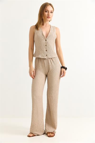 Crop Yelek Pantolon İkili Takım Bej