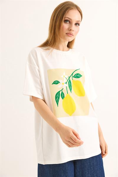Limon Baskılı Rahat Kalıp Tshirt Beyaz