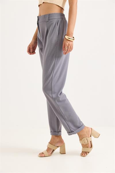 Beli Lastikli Katlı Paça Kadın Pantolon Gri
