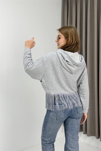 Kadın İp Saçaklı Kapuşonlu Sweatshirt Gri