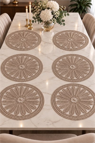 Yuvalar Desenli Motifli 7 Parça Runner Set Vizon 