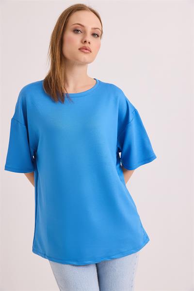 Oversize Yumuşak Dokulu Salaş T-Shirt Mavi