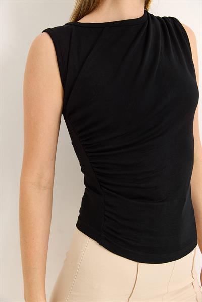 Yanları Büzgülü Pamuk Örme Bluz  Siyah