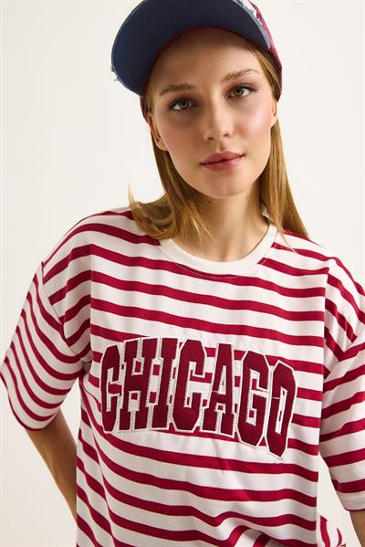 Çizgi Desen Nakışlı Kadın Tshirt Kırmızı