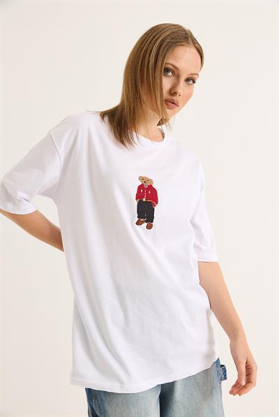 Ayıcık Nakışlı Rahat Kalıplı Tshirt Beyaz