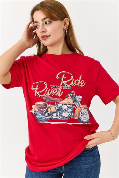 Kadın Bisiklet Yaka Motor Baskılı Tshirt Kırmızı
