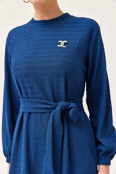 Kuşaklı Kat Keten Elbise Lacivert