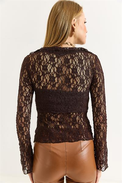 Kadın Uzun Kollu Ön Bağlamalı Dantel Kahverengi Bluz