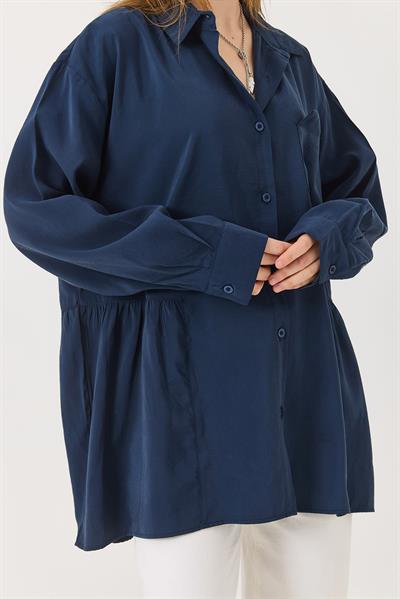 Lacivert Oversize Eteği Fırfırlı  Düğmeli Yumuşak Dokulu Tunik Gömlek