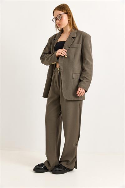 Pantalon Paçası Dikiş Detaylı İkili Kahverengi Takım