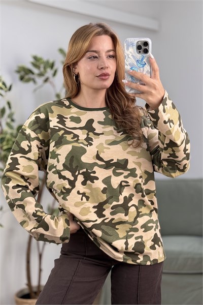 Kadın Kamuflaj Desenli Salaş Sweatshirt