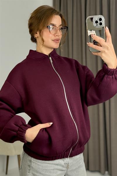 Üç İplik Şardonlu Bordo Beli Lastikli Fermuarlı Hırka