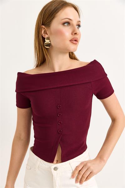 Kayık Yaka Düğme Detaylı Fitilli Örme Bluz Bordo