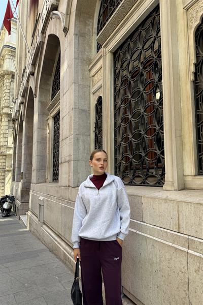Yaka Fermuarlı 2 İplik Sweatshirt Gri