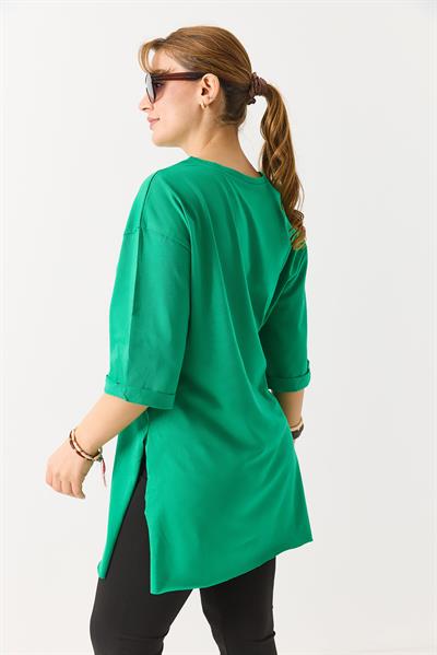 Kadın Yanı Yırtmaçlı Oversize Basic Tshirt Yeşil