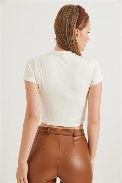 Bisiklet Yaka Esnek Crop Bluz Ekru