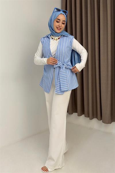 Kadın Gömlek Yaka Belden Bağlamalı Kolsuz Bluz Mavi