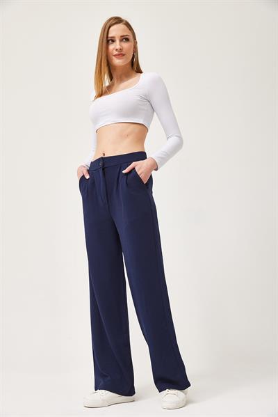 Yüksek Bel Cepli Palazzo Pantolon Lacivert